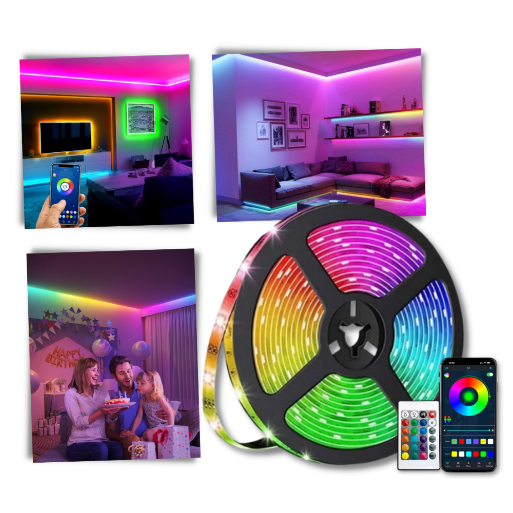 Tira de LED RGB econômica da Flw, aparelho de iluminação com luzes coloridas e energia eficiente para ambientes internos.