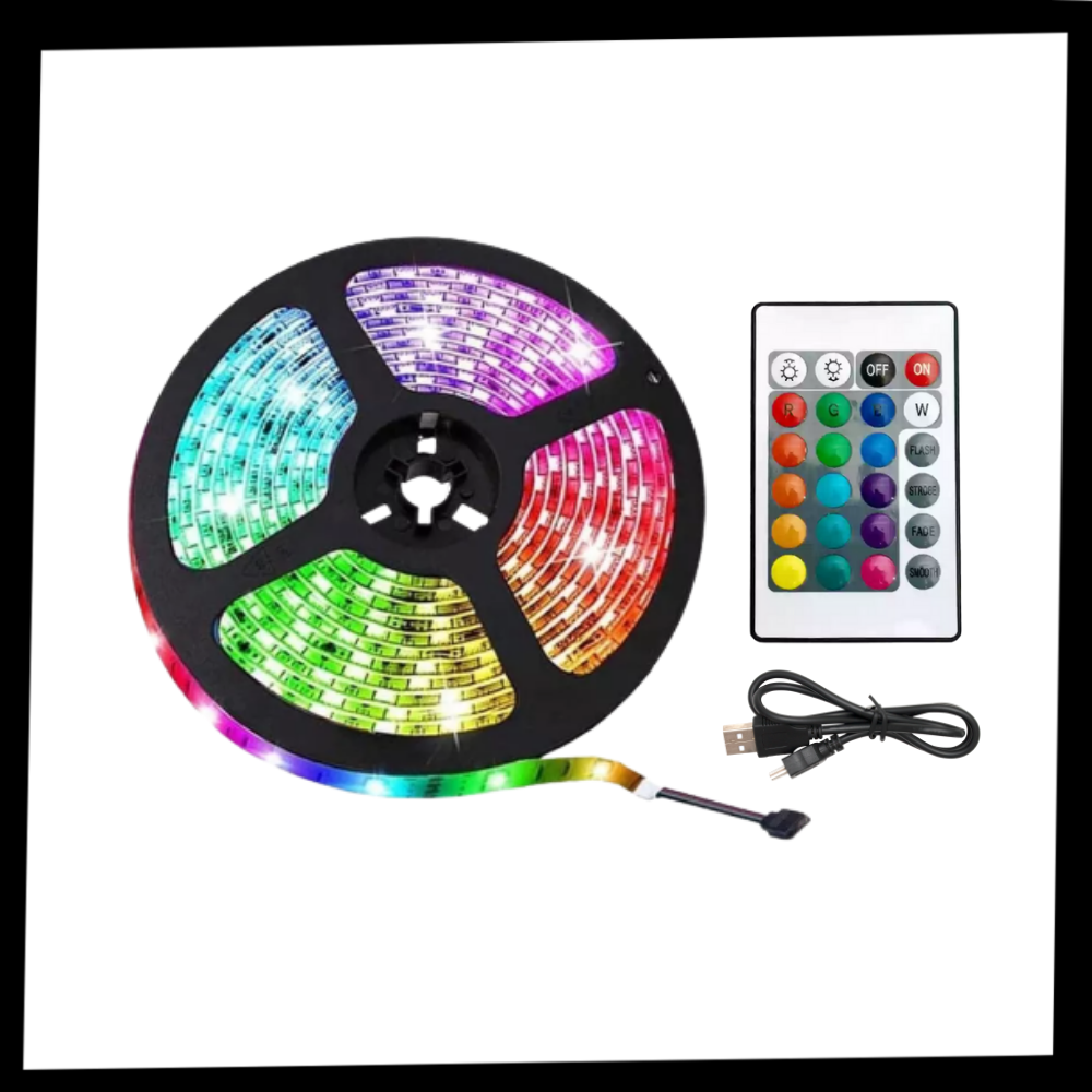 Cinta de LED RGB econômica da Flw, iluminando com cores vibrantes para decoração de ambientes internos e externos.