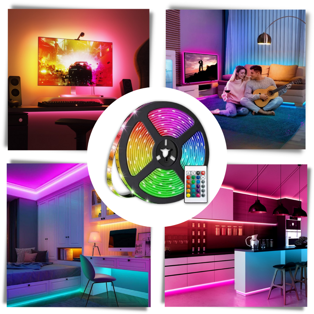 Faixa de LED RGB eficiente em energia da Flw, iluminação versátil para ambientes internos e externos.