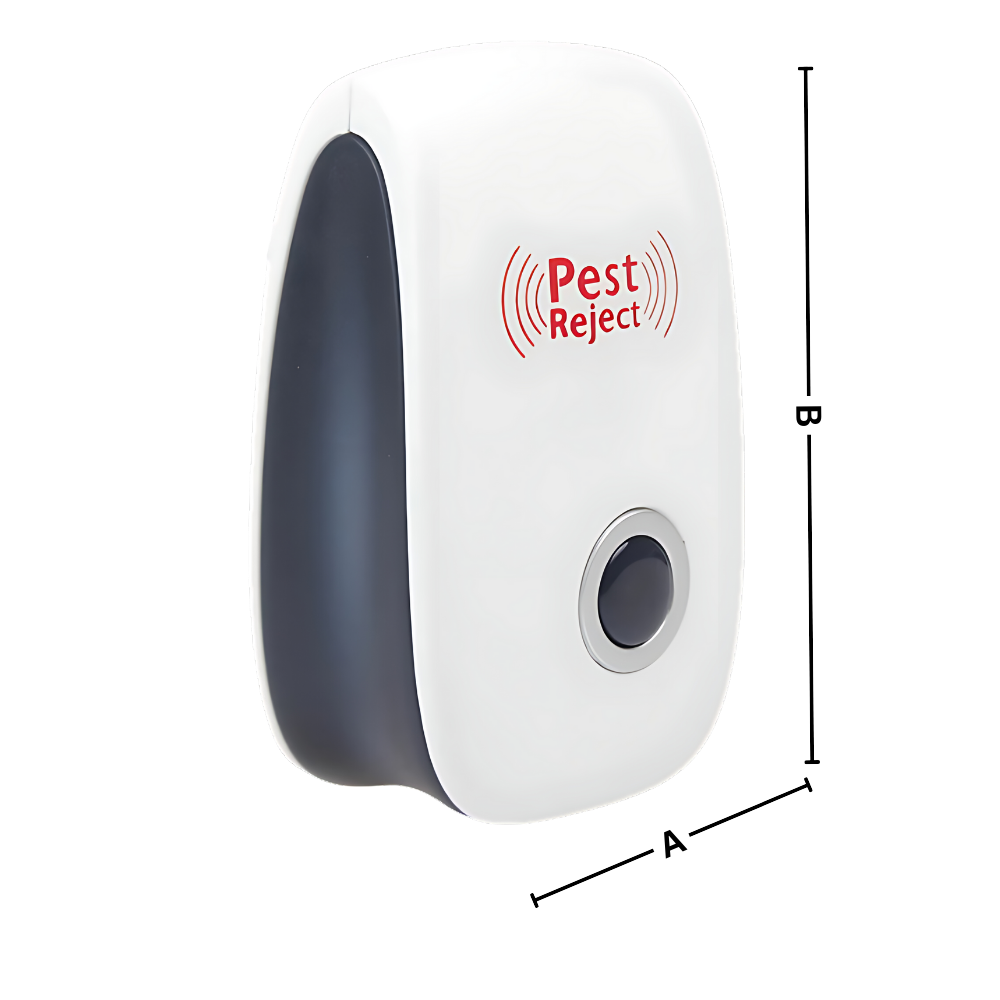 Repelente de insetos Ultrasonic Pest Repeller, dispositivo de desinsetização eficiente em energia, mostrado em dimensões.