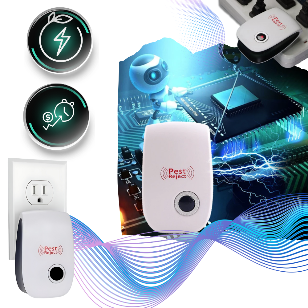 Repelente de insetos Ultrasonic Pest Repeller, aparelho de desinsetização com alta eficiência energética e design compacto.