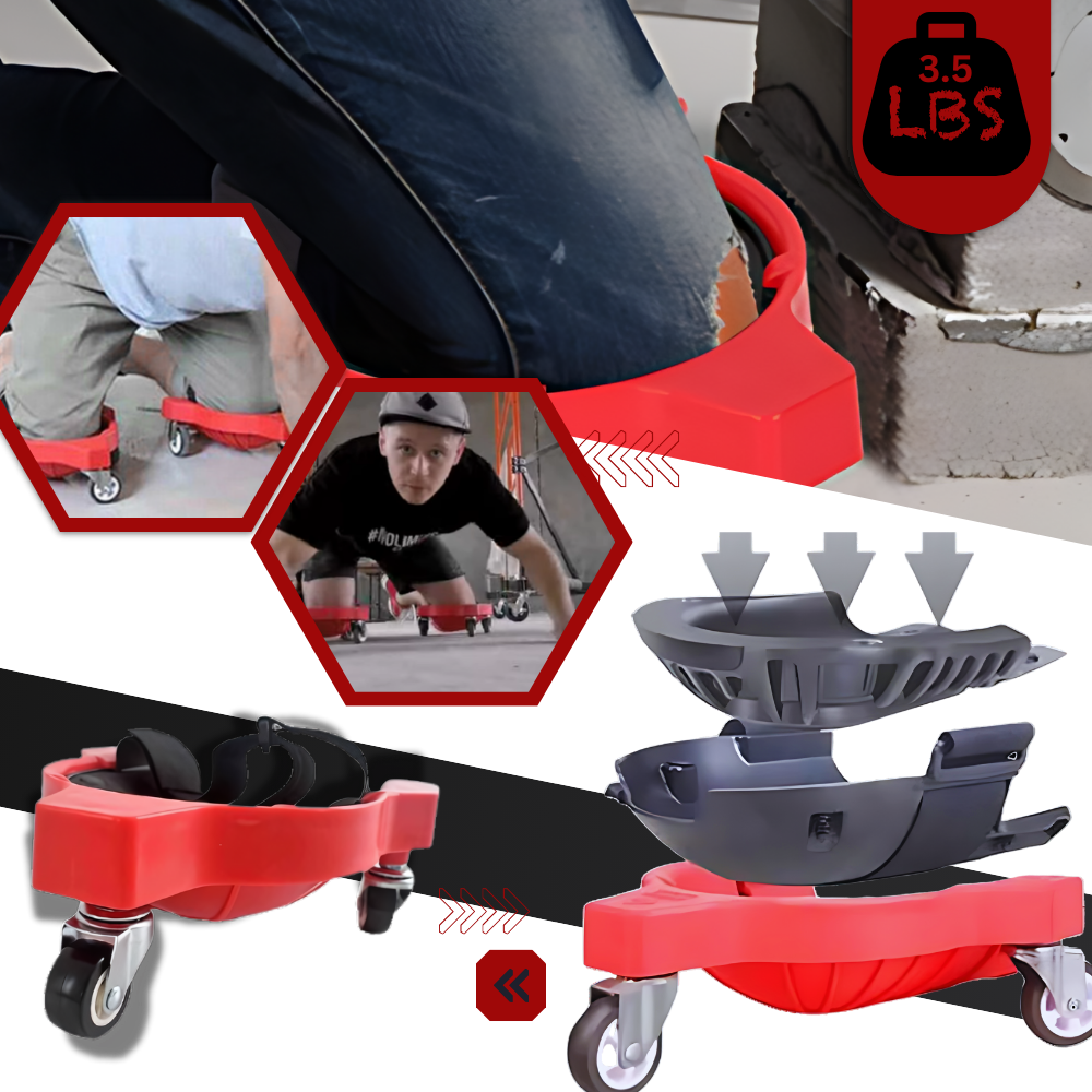 Joelheiras com rodinhas Konesky para mobilidade aprimorada, usadas em pisos para facilitar o manuseio e o transporte.
