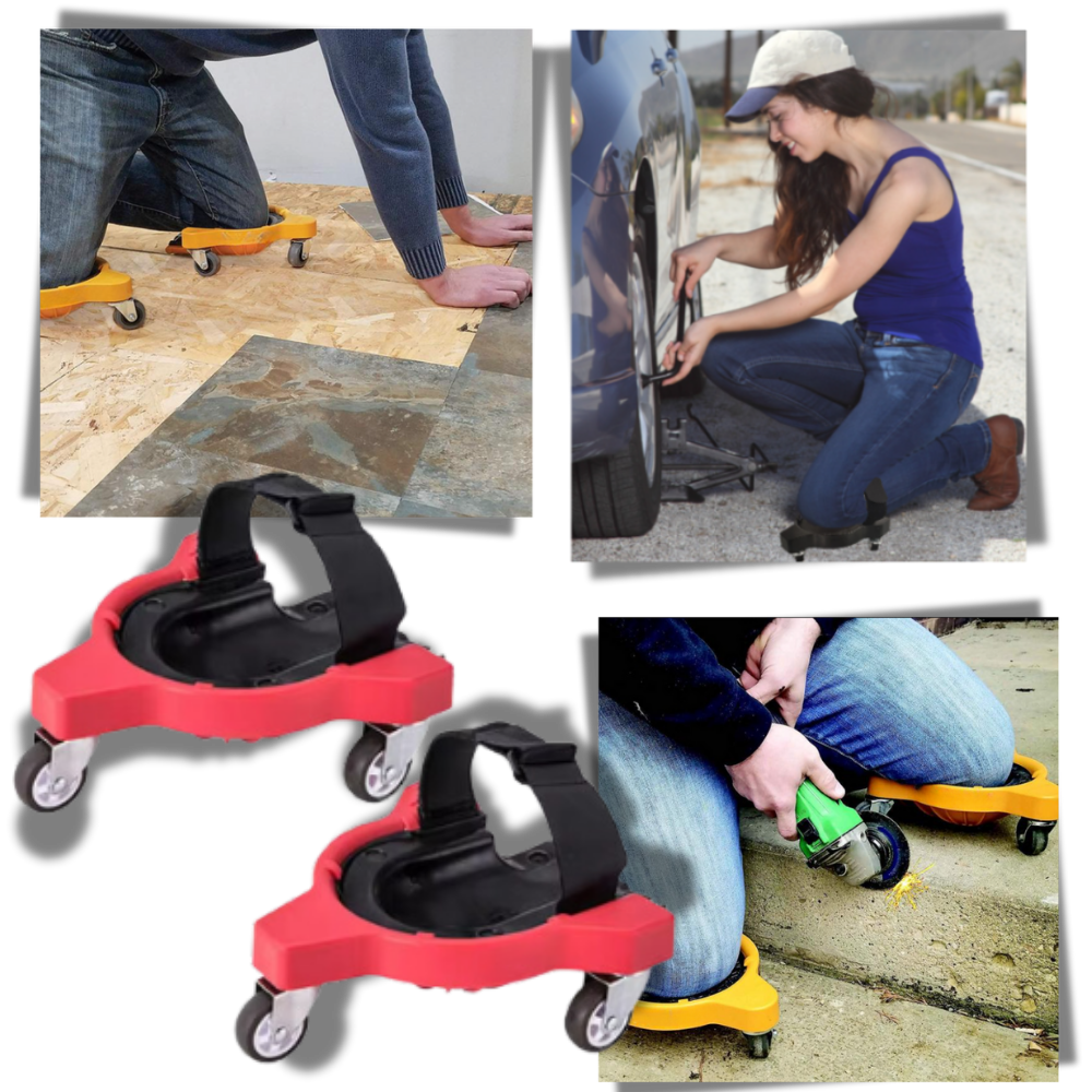 Joelho com rodinhas Konesky, proteção confortável com rodízios para mobilidade e suporte ao joelho em piso reforçado.
