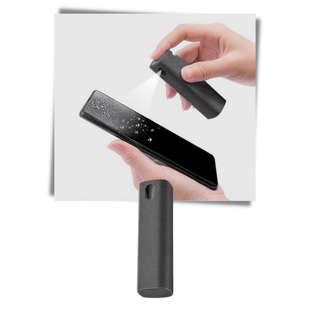 Produto Enquiret para limpeza de tela de telefone, limpador 2-em-1 para dispositivos móveis, líquido cinza compacto.