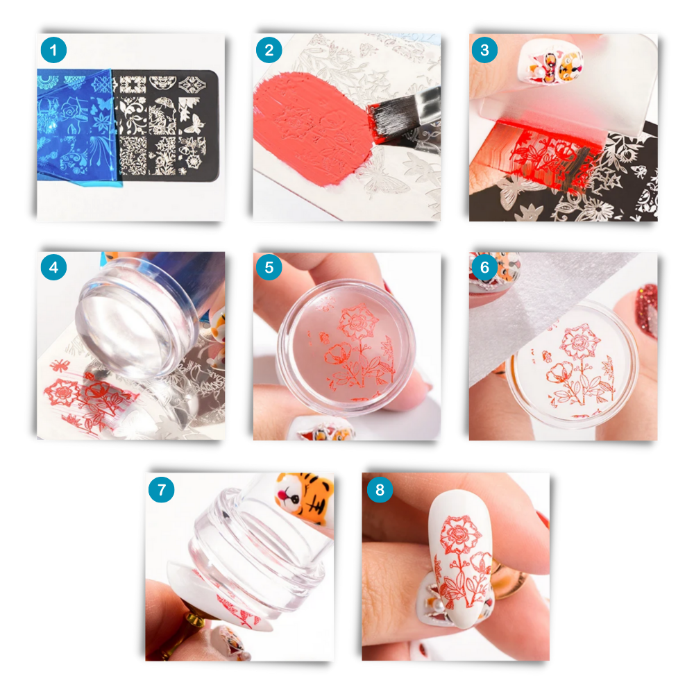 Ferramenta de nail art transparente Eotia para simetria perfeita, com design colorido e detalhes visuais no produto de cosméticos.