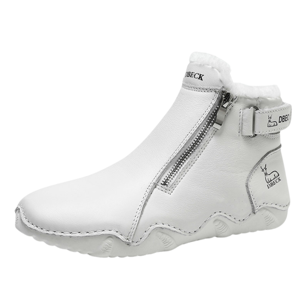 Bota ergonômica e elegante da marca Afdoent para inverno, com interior acolchoado branco e sola resistente.