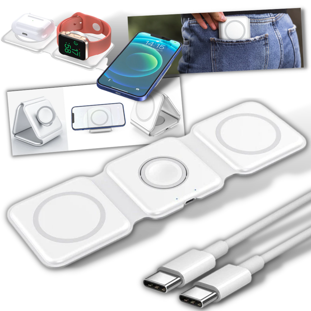 Alimentação Etepehi, carregador sem fio pliável preto, compacto e portátil para carregamento rápido de dispositivos móveis.