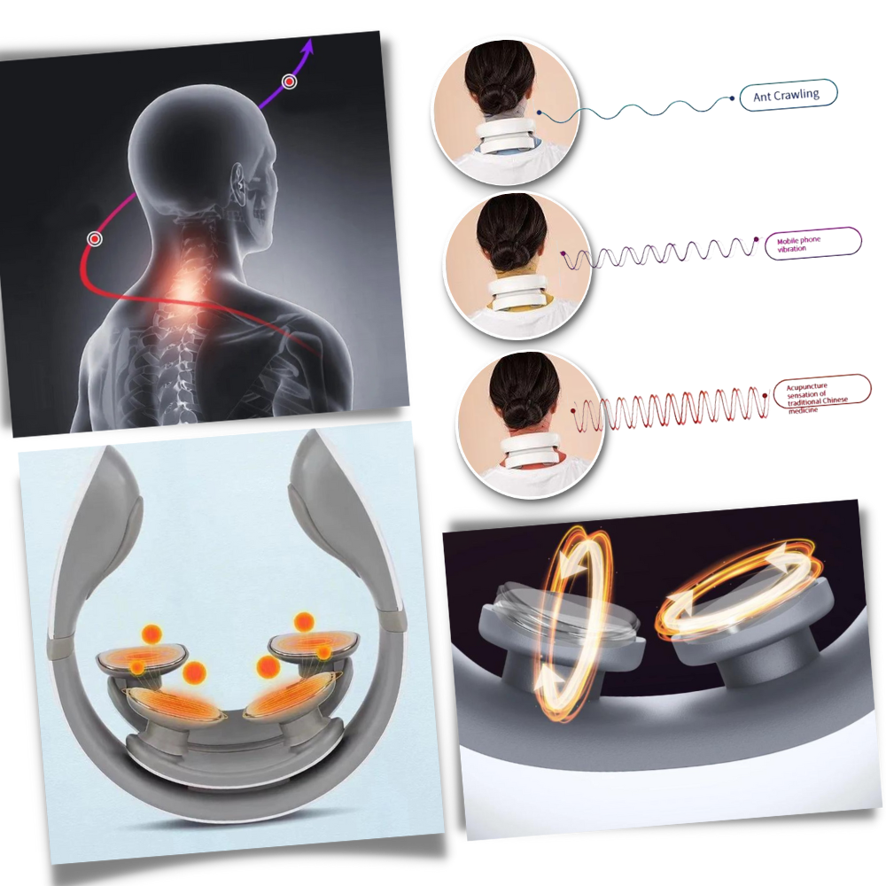 Masseur Everso com quatro cabeças para o pescoço e ombros, aparelho de massagem e relaxamento, mostrando as cabeças de massagem em ação.