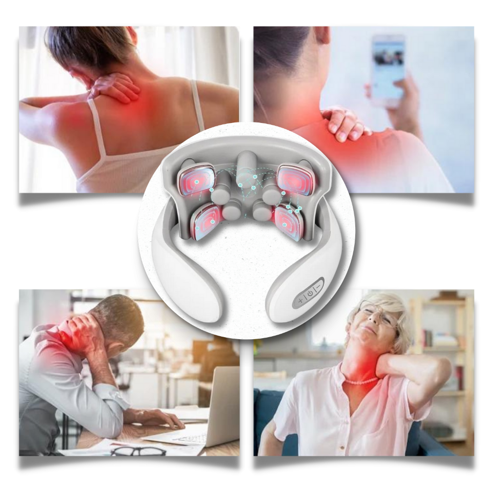 Dispositivo de massagem Everso com quatro cabeças para pescoço e ombros, ideal para relaxamento muscular e alívio de tensões.