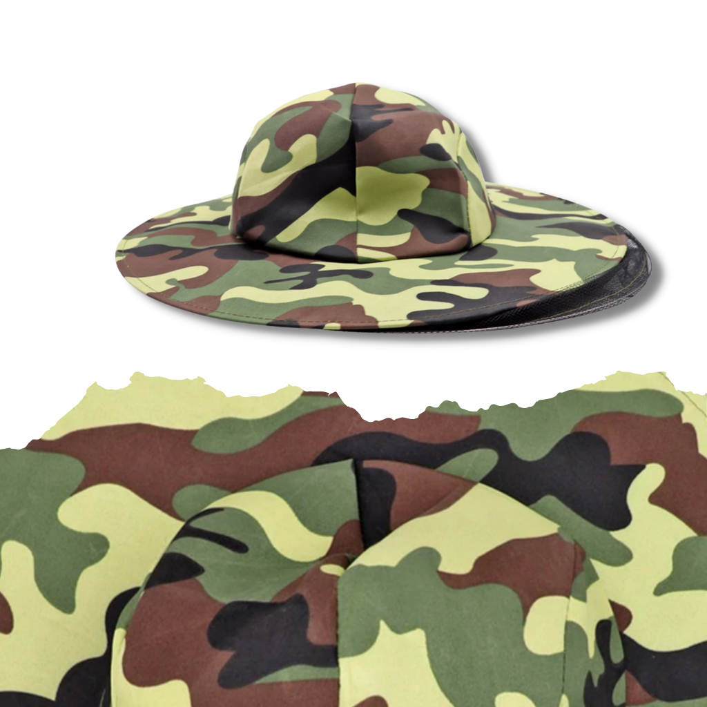 Chapéu de apicultura Evinis em camuflagem para jardinagem, com aba larga e proteção para atividades ao ar livre com abelhas.