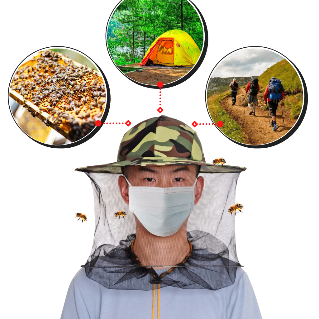 Chapéu de apicultura camuflado da Evinis para jardinagem, com proteção e design discreto para trabalhos ao ar livre.