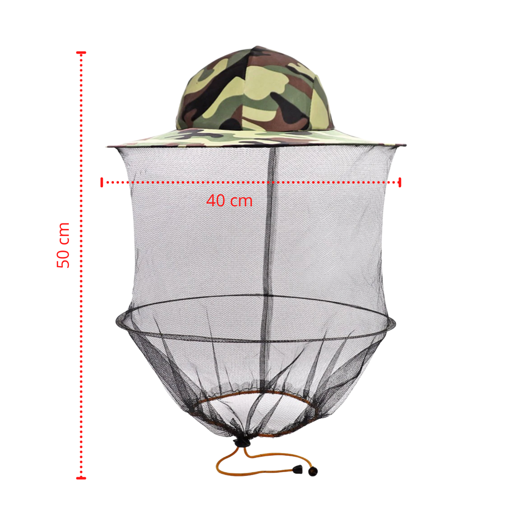 Chapéu de apicultor Evinis em camuflagem para jardinagem, proteção e conforto ao manusear abelhas e colmeias.