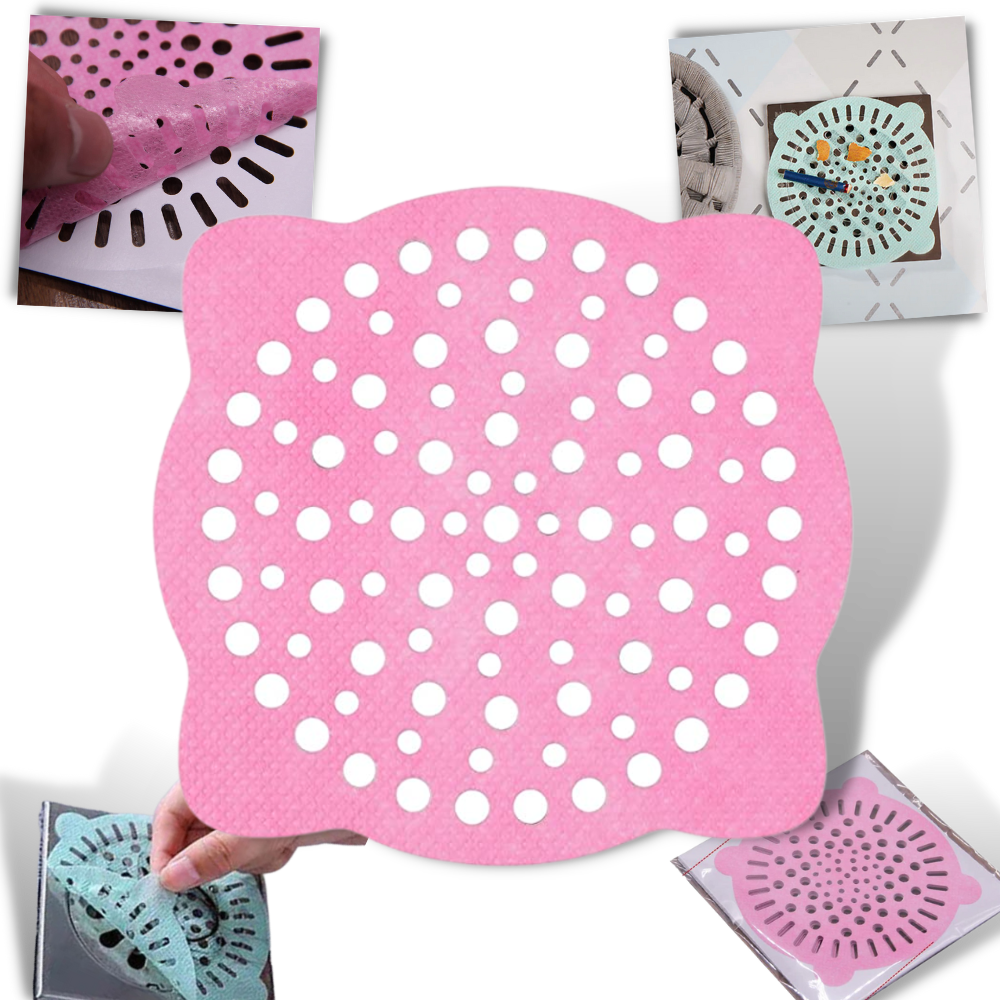Conjunto de 10 filtros de evacuação descartáveis adesivos da Fansoubay para peças de encanamento, em embalagens rosadas.