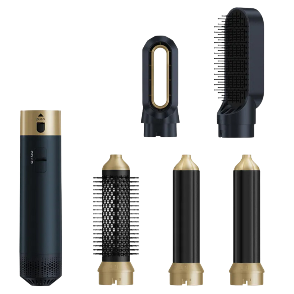 Escova secadora multifuncional Faslmh para cuidados capilares, com design em cinza e funções variadas para penteado.