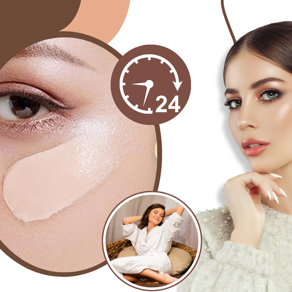 Base líquida Magic 4 em 1 da FebMiss, cosméticos com acabamento uniforme e natural, mostrada na embalagem e aplicador.
