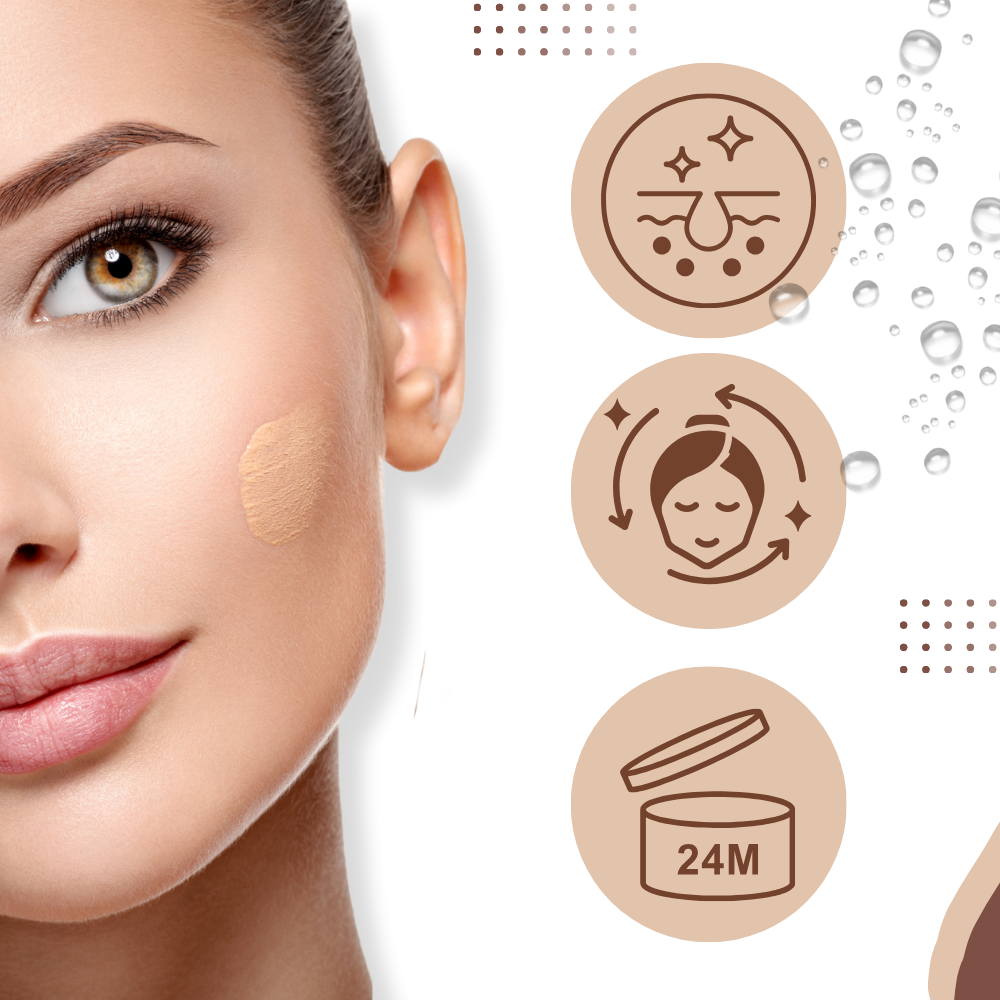 Base líquida Magic 4 em 1 da FebMiss, cosméticos, com embalagem e textura visível na imagem.