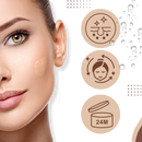 Base líquida Magic 4 em 1 da FebMiss, cosméticos, com embalagem e textura visível na imagem.