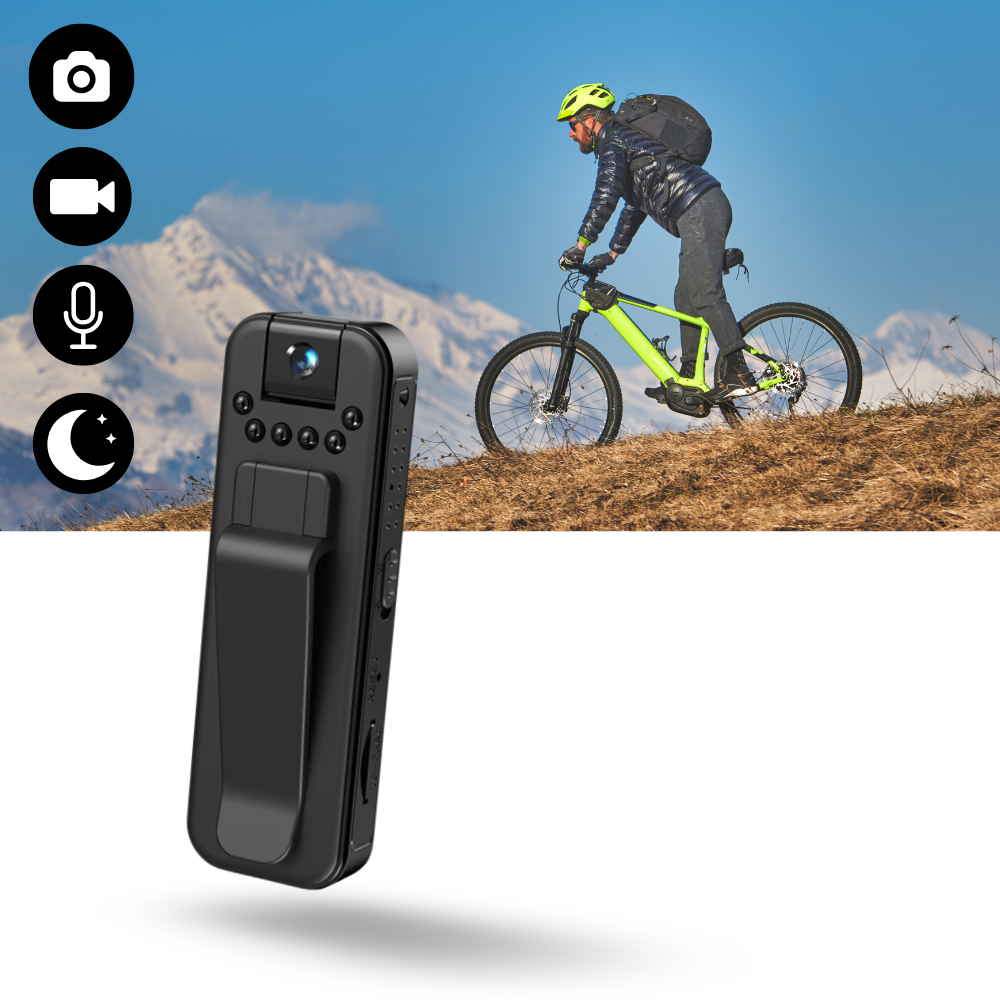 Câmera corporal sem fio Feiona, dispositivo portátil para gravação de vídeos e fotos com design compacto e funcional.