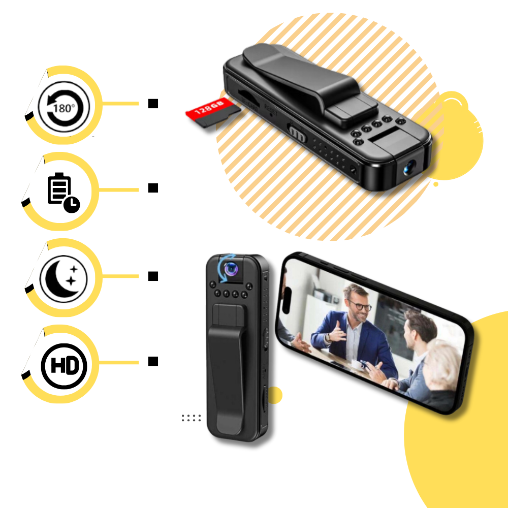 Câmera corporal sem fio Feiona, dispositivo de gravação portátil para segurança e vigilância, com design compacto e moderno