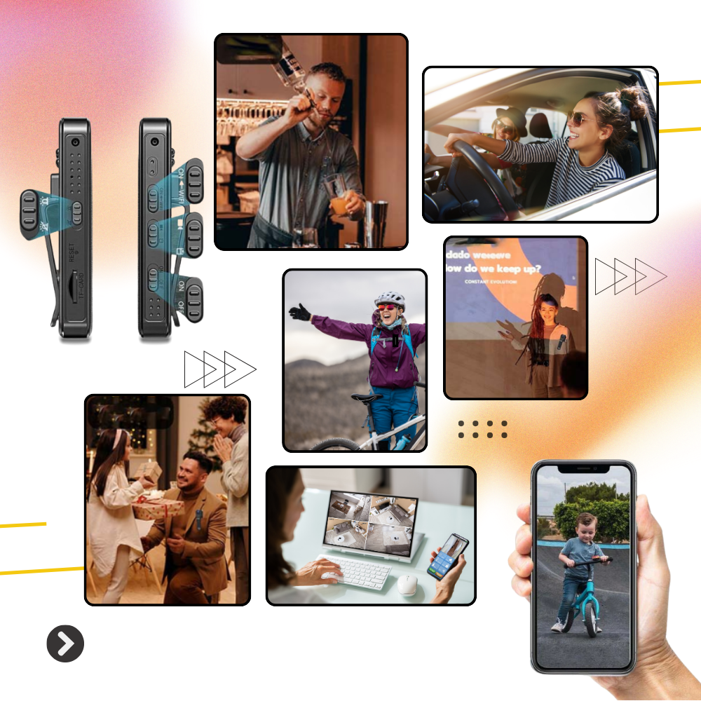 Caméra corporelle sem fio Feiona para gravação de vídeo e fotos, com visor e botão de captura visíveis na imagem.