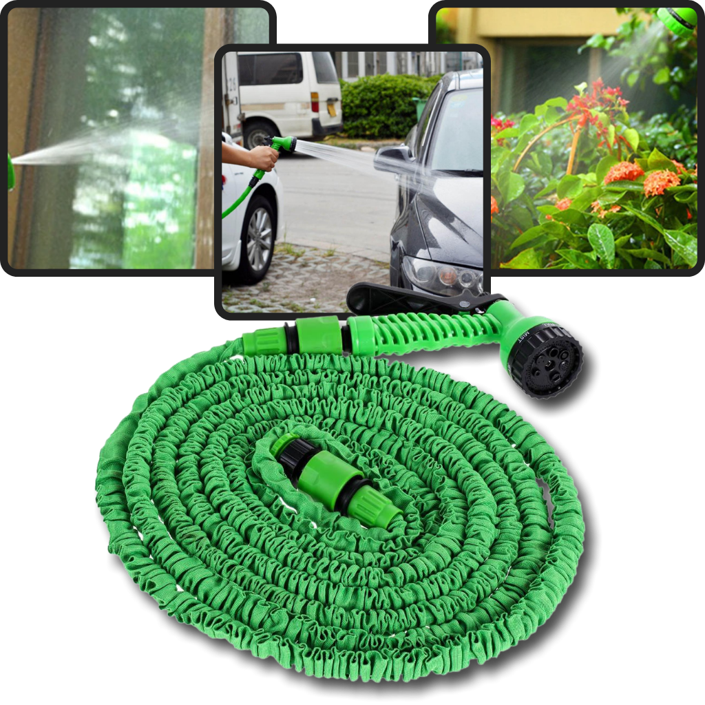 Mangueira de jardim extensível com pulverizador da marca Felji, ideal para irrigação e cuidados com plantas.