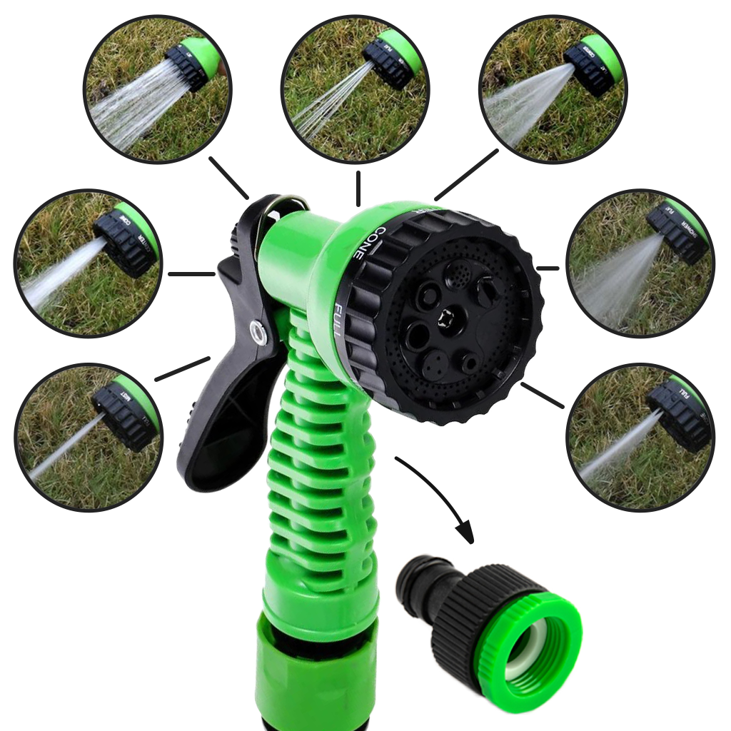 Tubo de jardim extensível com pulverizador Felji para irrigação, mostrado estendido com spray de água.