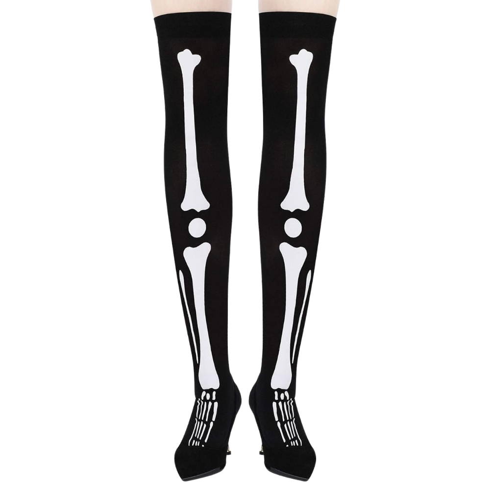 Meias de compressão festivas com desenhos de ossos de Halloween, marca Elegant Moments, ideal para conforto e estilo na temporada.