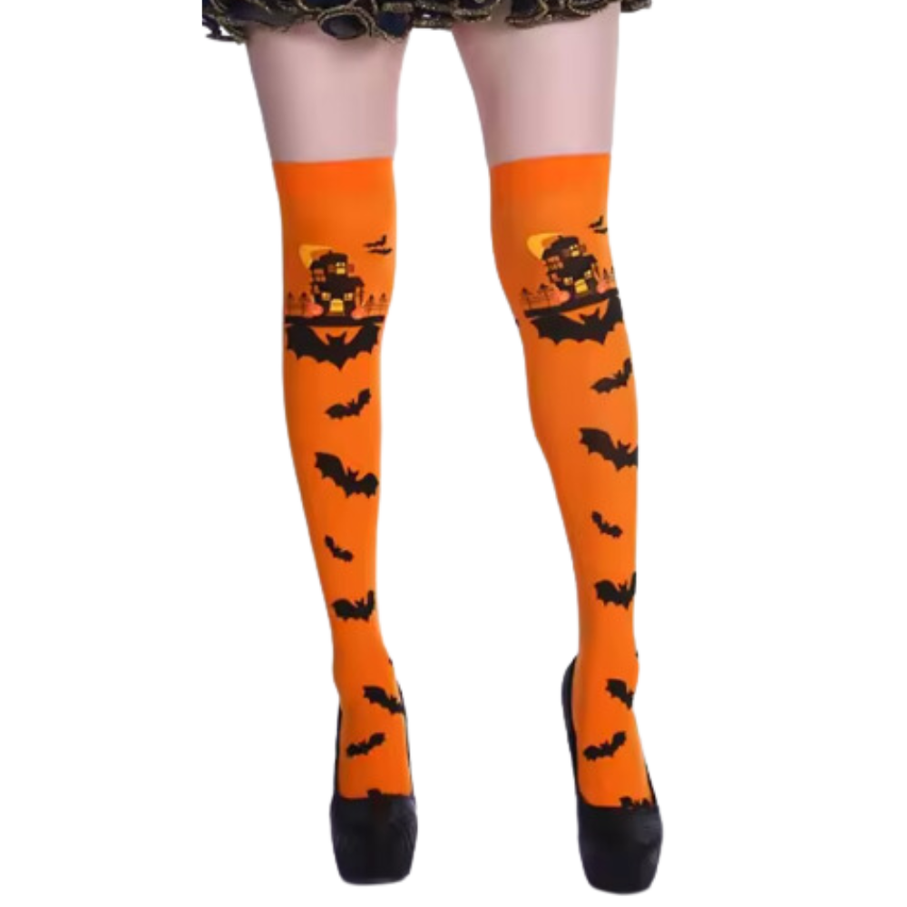 Meias de compressão festivas da Elegant Moments com desenhos de Halloween, morcegos laranjas e temas assustadores.