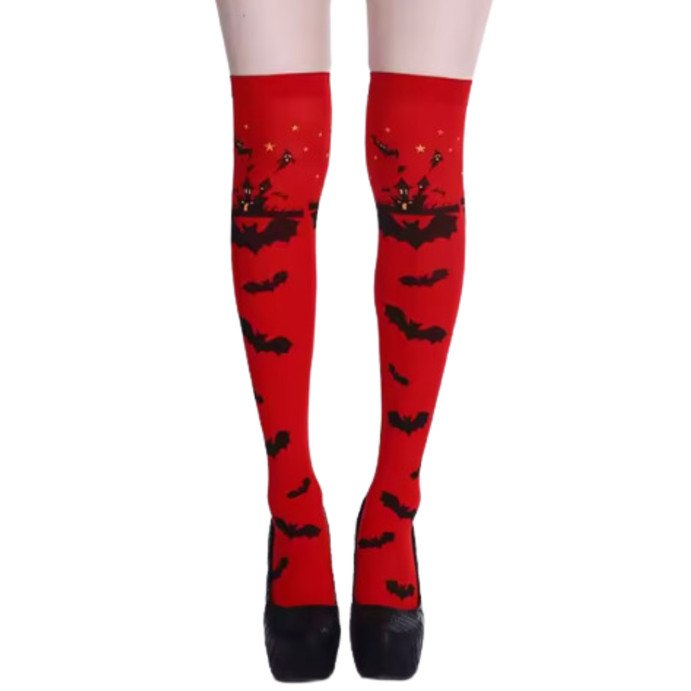 Meias de compressão com desenhos festivos de Halloween, morcegos vermelhos, marca Elegant Moments, para conforto e estilo.