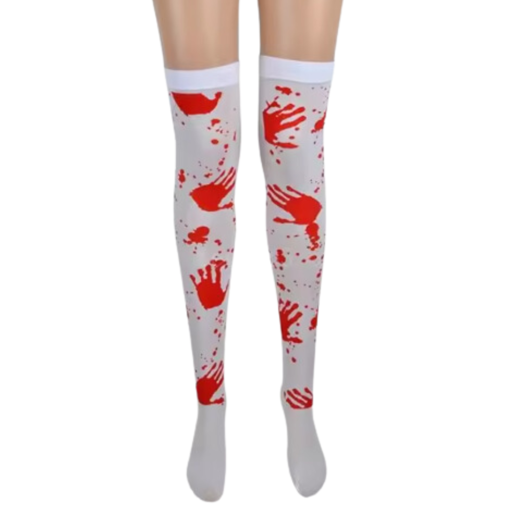 Meias de compressão com estampa festiva de Halloween, modelo elegante Moments, com desenhos de abóboras e teias de aranha vermelhas.
