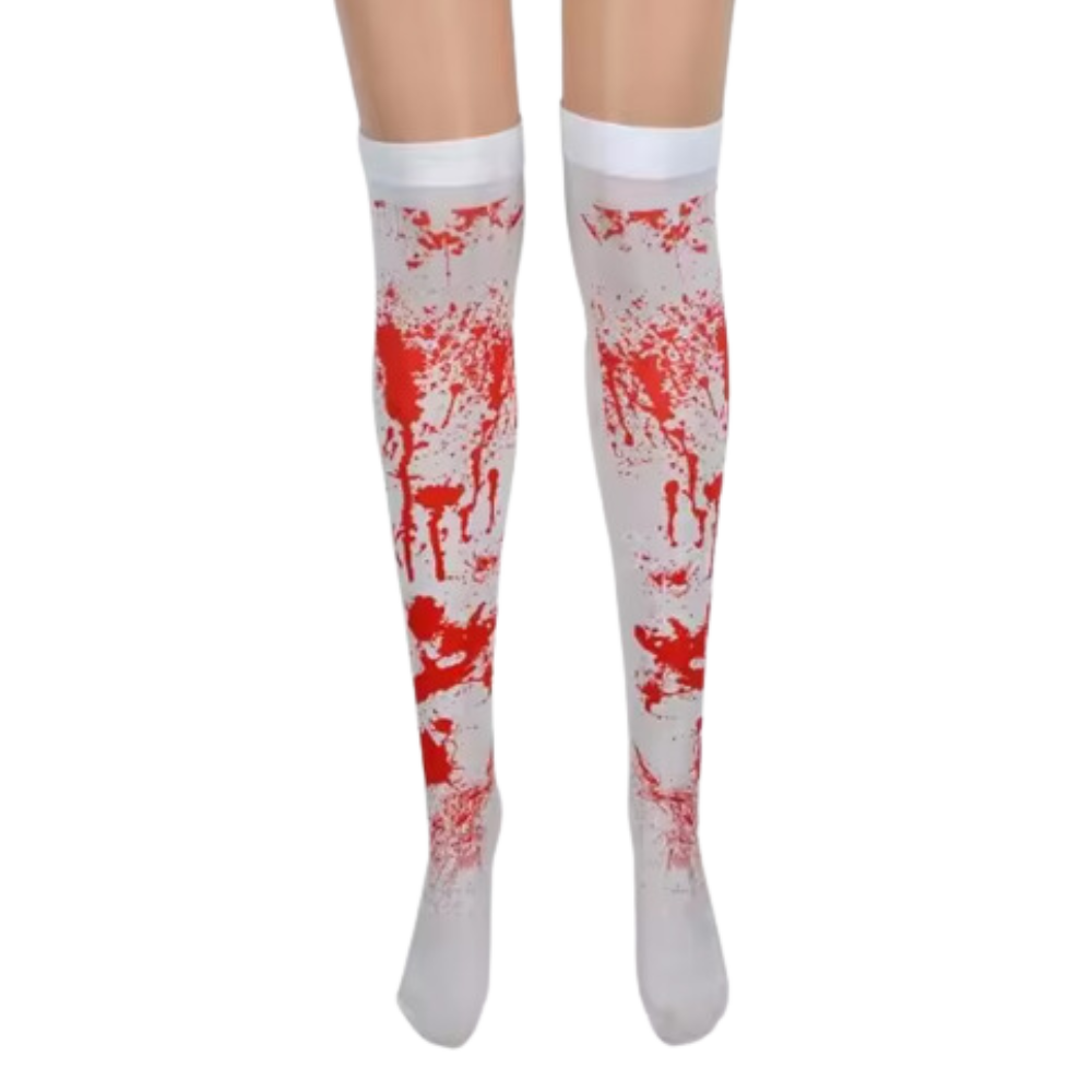 Meias de compressão festivas da Elegant Moments com estampa de Halloween, manchas vermelhas e desenhos temáticos.