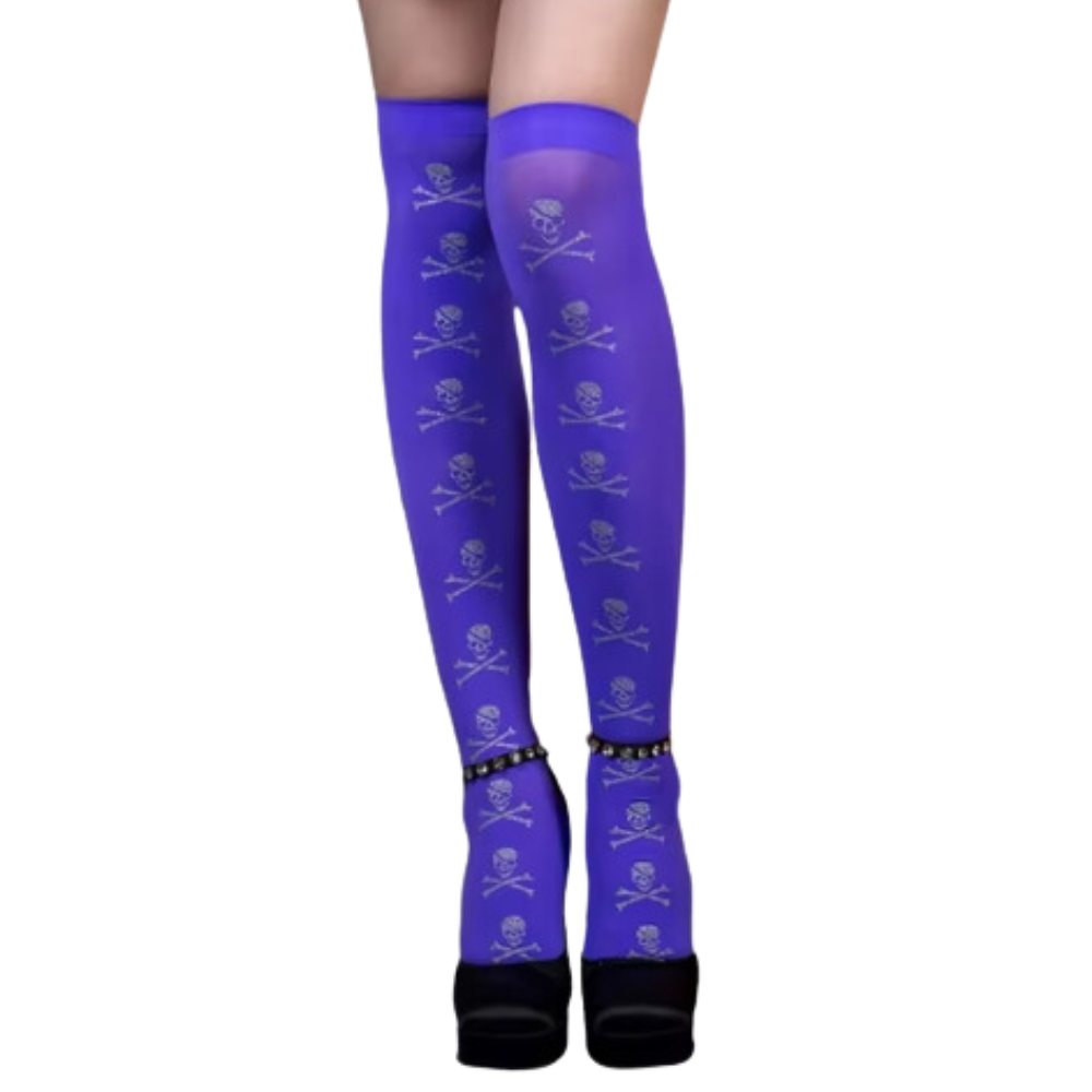 Meias de compressão festivas da Elegant Moments com estampas de Halloween, caveiras e cores roxas, para conforto e estilo.