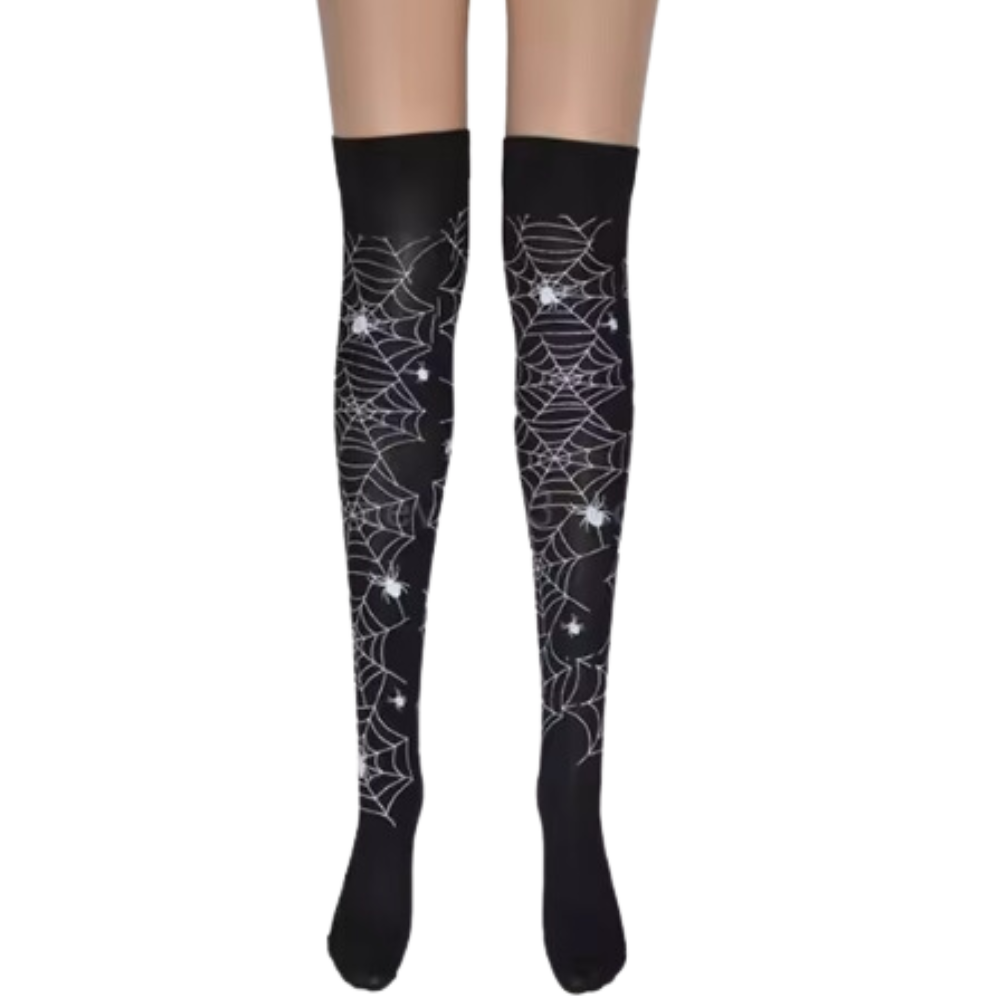 Meias de compressão com estampa festiva de Halloween, desenhos de aranhas, da marca Elegant Moments, para conforto e estilo.