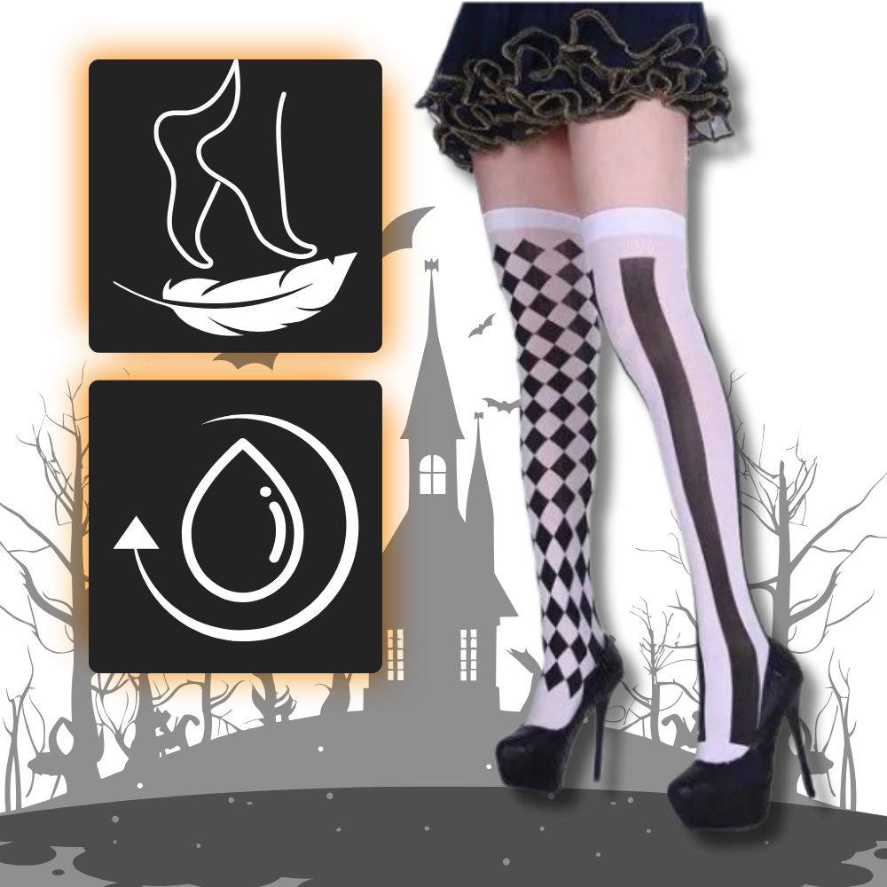 Meias de compressão com desenhos festivos de Halloween da Elegant Moments, suporte confortável e estilo temático.