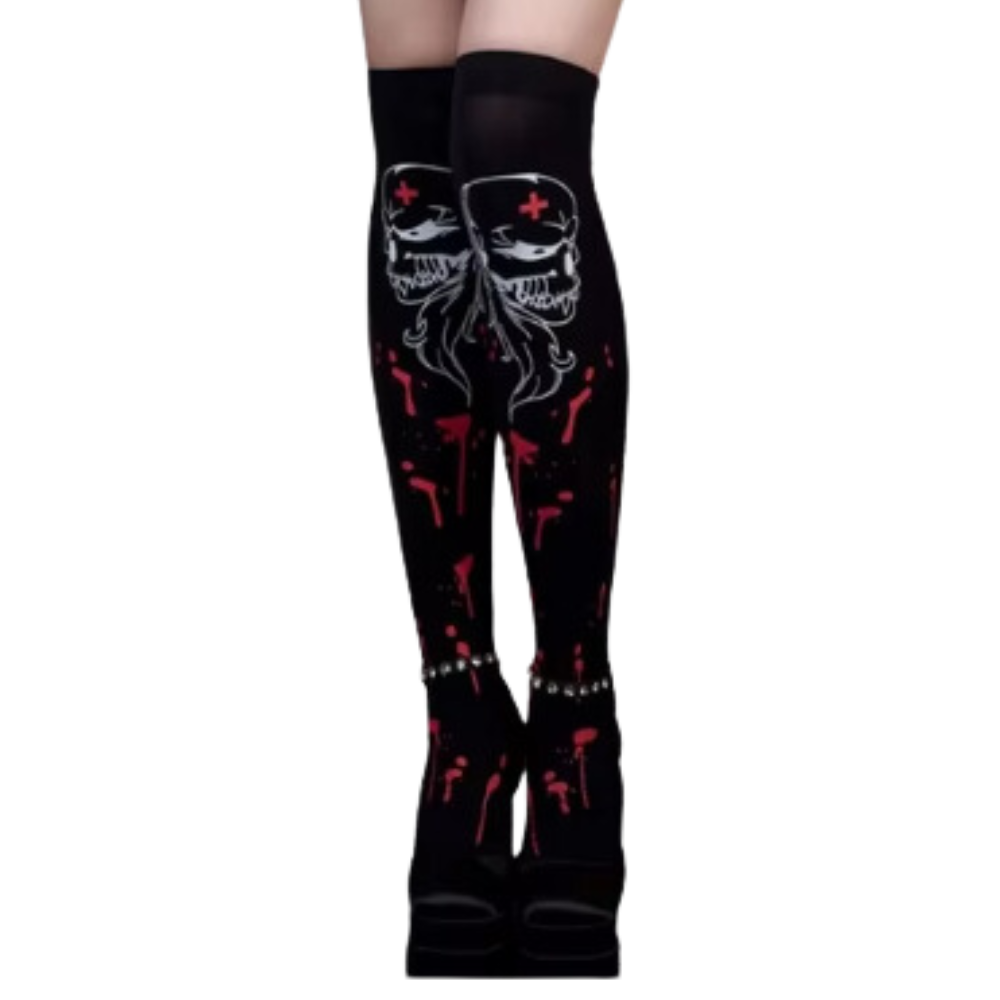 Meias de compressão festivas de Halloween da Elegant Moments com desenhos de venom preto e detalhes temáticos de Halloween.