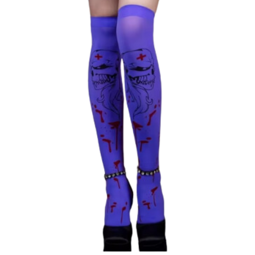 Meias de compressão com estampa festiva de Halloween, em cores roxas e pretas, da marca Elegant Moments.