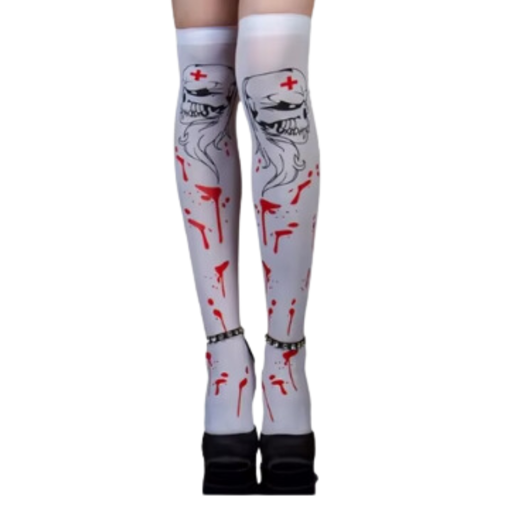 Meias de compressão festivas com desenhos de Halloween da Elegant Moments, com temas de assustador e branco, para conforto e estilo.