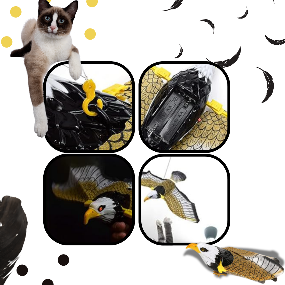 Brinquedo de ave voadora suspensa para gatos, acessório da Figard, com penas coloridas e corda para estimular o brincar.