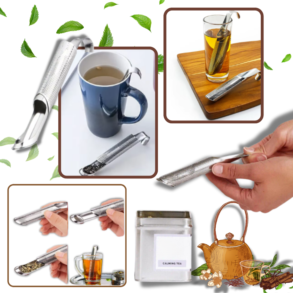 Filtro de chá em aço inoxidável com malha fina, ideal para infusões, da marca Ounona, mostra detalhes do produto.