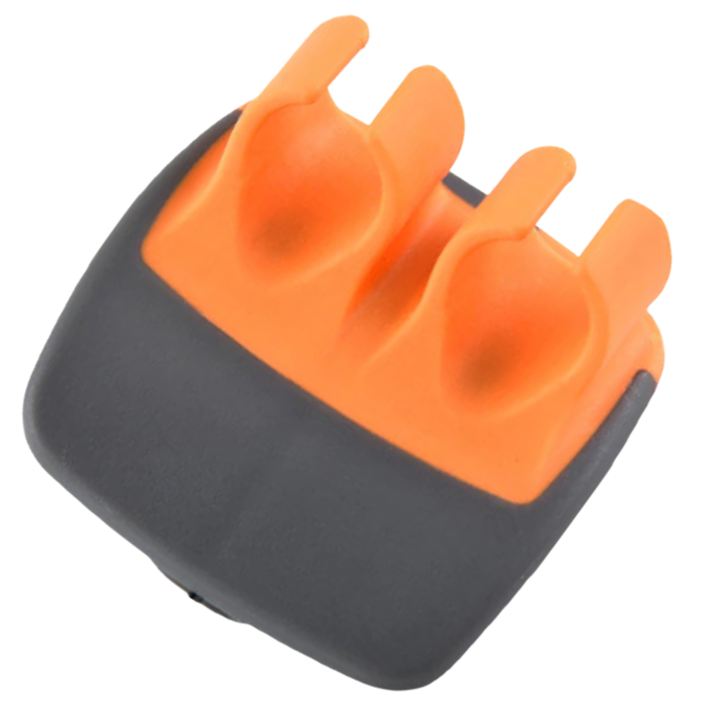 Descascador de dedo Fansoubay, utensílio de cozinha de dois dedos, na cor laranja, usado para descascar frutas e legumes.