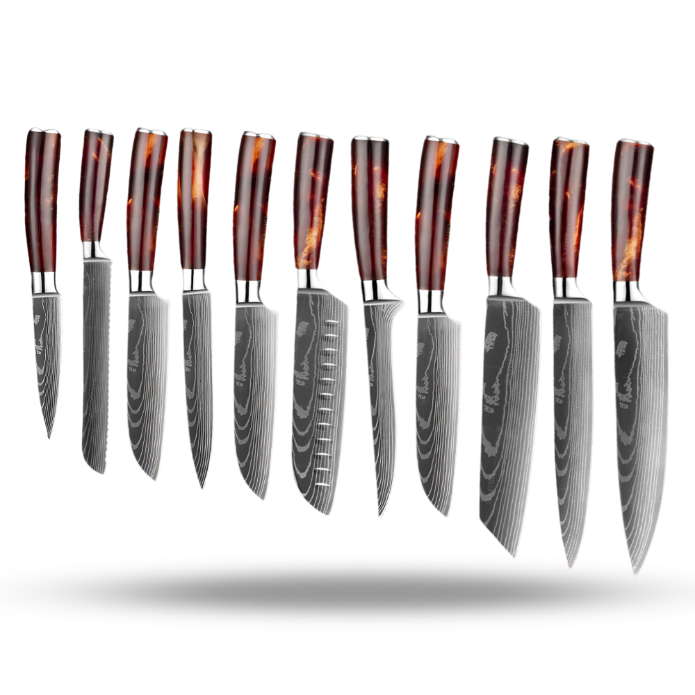 Conjunto de 10 facas japonesas da série Firestone da marca Vinvar, exibindo lâminas afiadas e cabos ergonômicos.