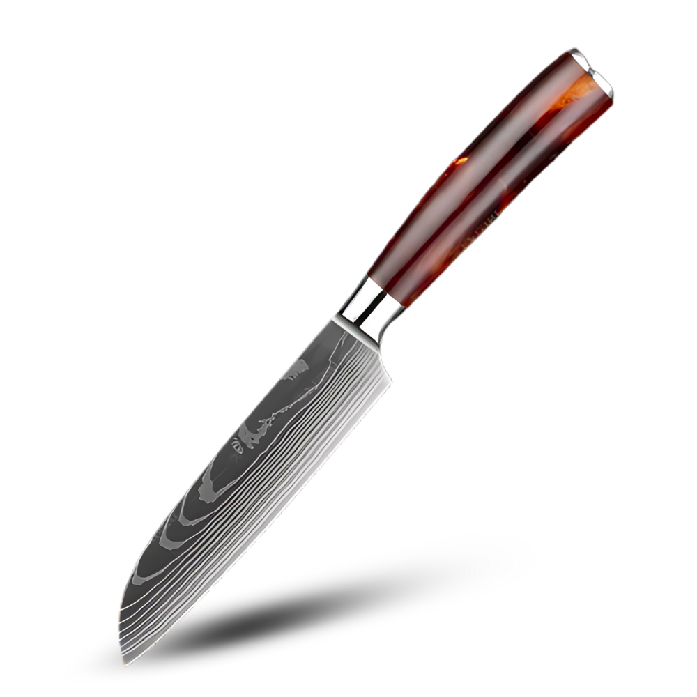 Faca santoku japonesa da série Firestone da Vinvar, lâmina afiada e tradicional para cozinha doméstica e profissional.