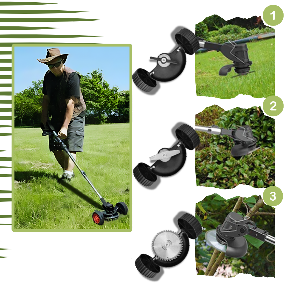 Corte-bordas sem fio 3 em 1 da First Deal, equipamento elétrico de exterior com lâmina e acessórios, ideal para jardinagem.