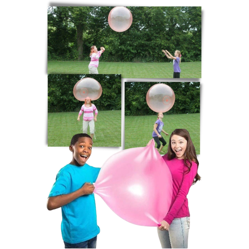 Estrutura inflável rosa da First Deal com balão de bolhas mágicas, ideal para festas e decoração infantil.