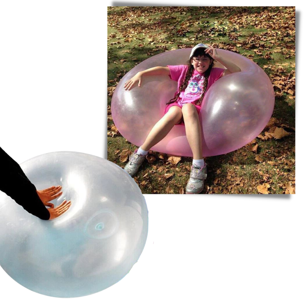 Estrutura inflável rosa da First Deal com balão de bolhas mágicas, ideal para diversão infantil.