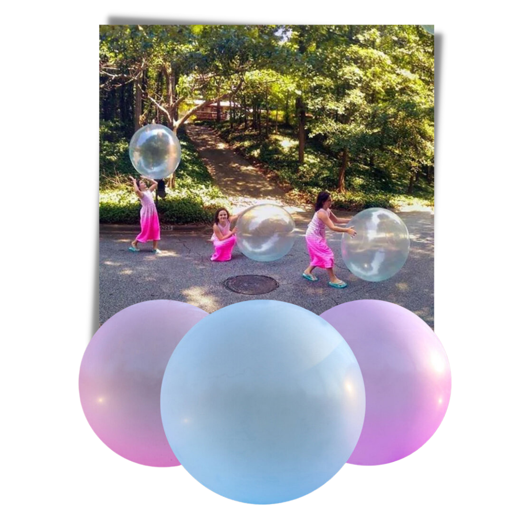 Estrutura inflável rosa com balão de bolhas mágicas, estrutura de brinquedo da marca First Deal para diversão ao ar livre.