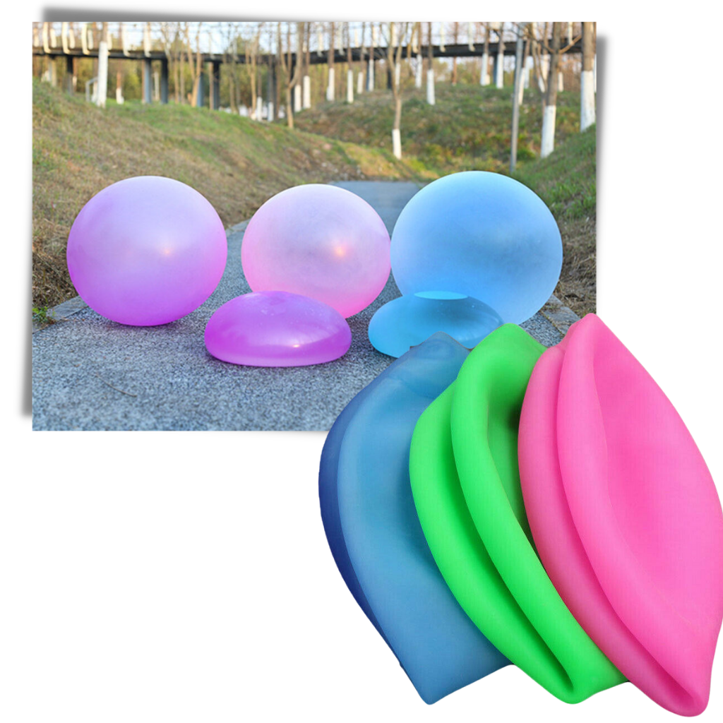 Estrutura inflável rosa da First Deal com balão de bolhas mágicas, ideal para decoração divertida e colorida.