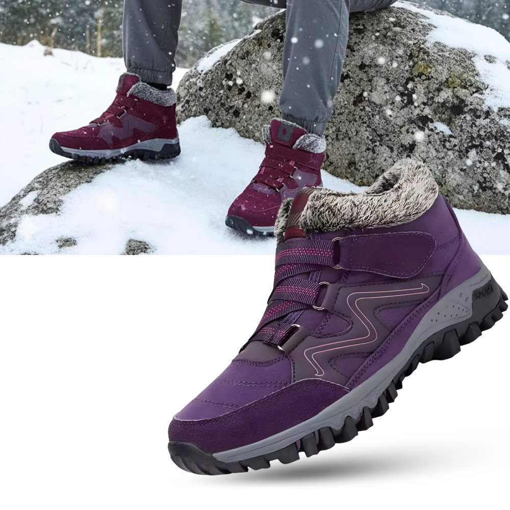 Bota de inverno quente da Qiucdzi com forro de fleece, ideal para atividades e esportes de inverno, mostrando o interior acolhedor.