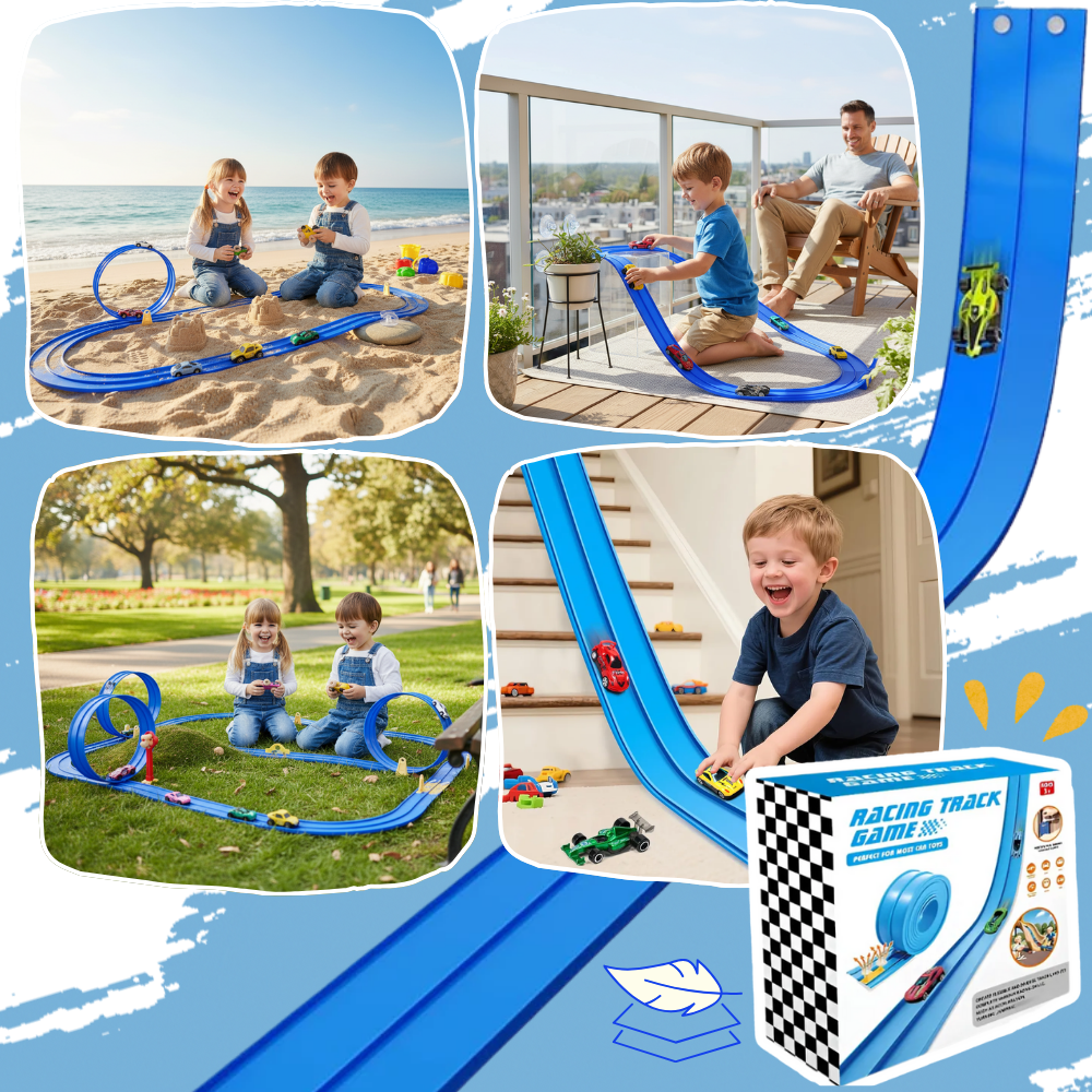 Pista de corrida flexível com 2 faixas da Valchemist para carros de brinquedo infantil, fácil de montar e adaptar em diferentes espaços.