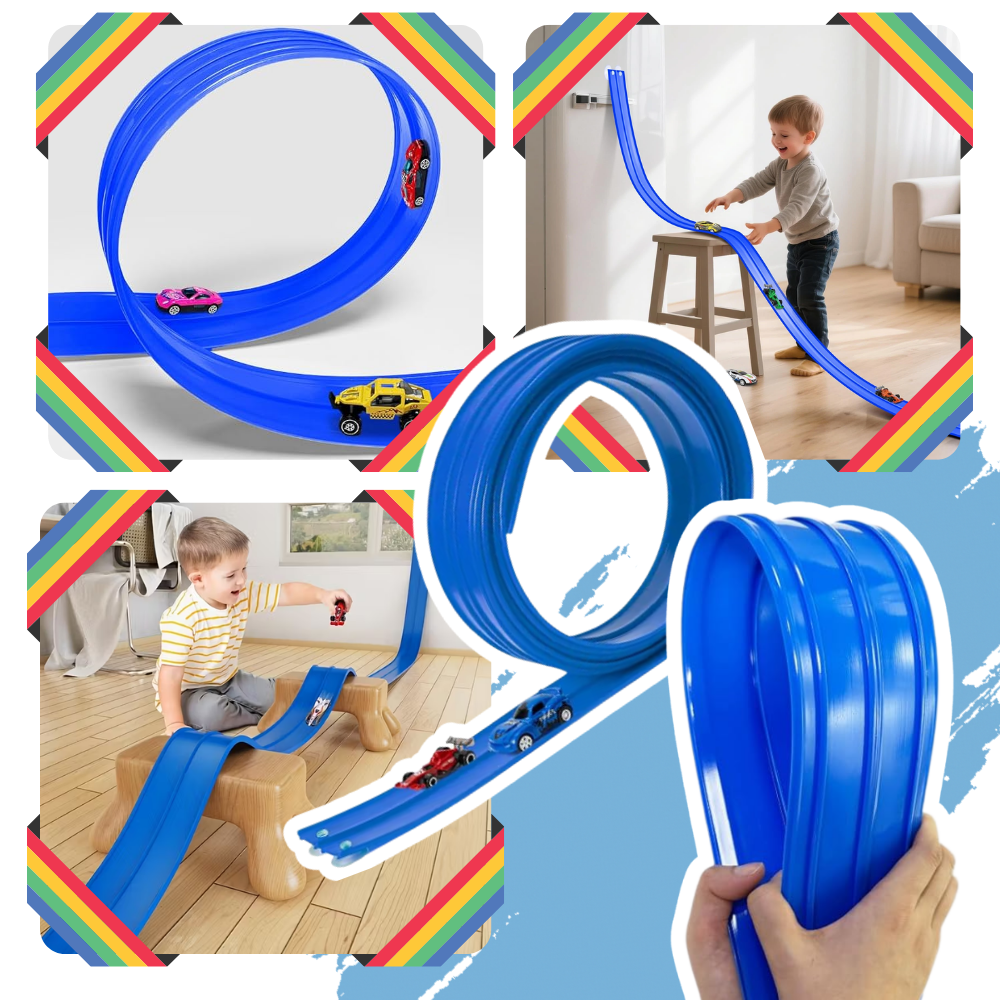 Pista de corrida flexível com duas faixas para carros de brinquedo Valchemist, ideal para estimular a criatividade das crianças.